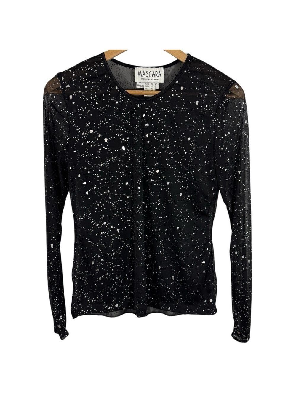 Vintage 90s Sheer Mesh Long Sleeve Top Womens M Black Metallic Splatter Lace EUC